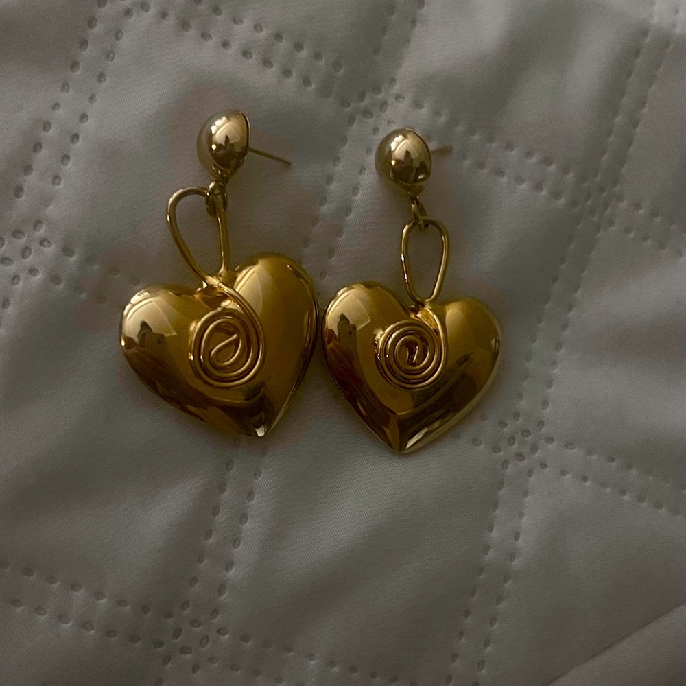 Gold heart earrings, dangling earrings